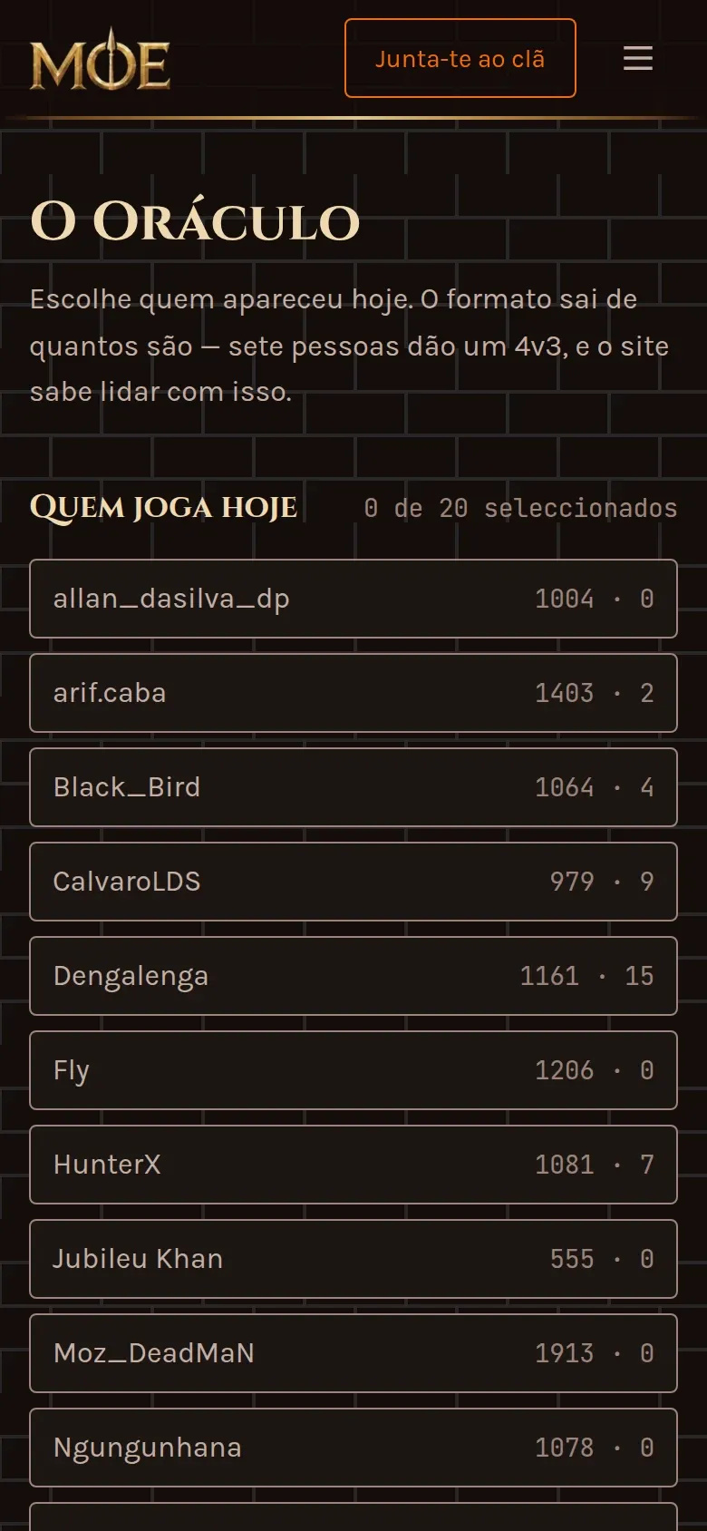 O balanceador de equipas no telemóvel — escolhes quem joga hoje e o site propõe equipas equilibradas.